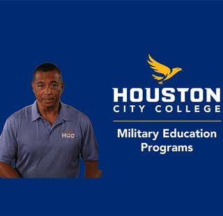 Robert Glover, executive director for the HCC Military Education Program, and the crest of the 5 branches of the military