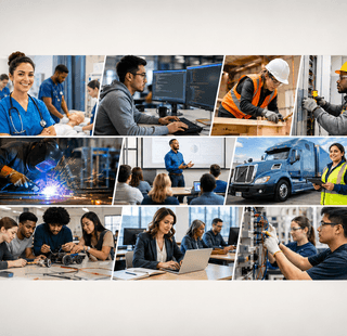 Collage of a teacher, nurse and construction worker