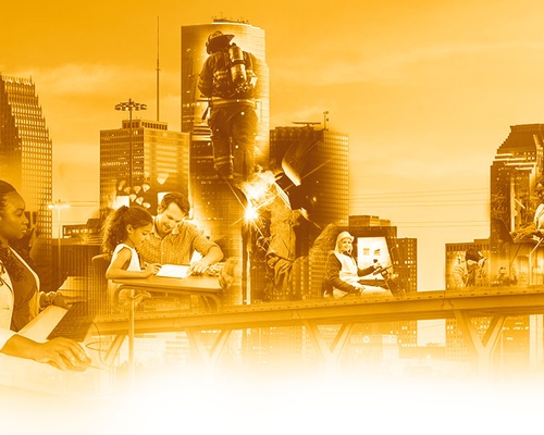 Several different industry professionals in front of the Houston Skyline