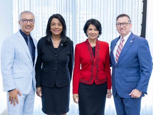 Pictured from left to right: Dr. Esmail Porsa of Harris Health System, Dr. Margaret Ford Fisher, HCC Chancellor; Renu Khator, President and Chancellor of the University of Houston and Dr. Andrew E. Moore, Chief Medical Officer for HCA Gulf Coast Division.