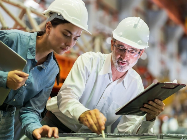 A construction engineer goes over some plans with his apprentice.