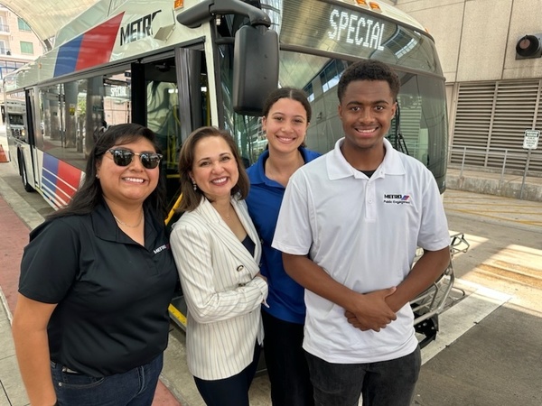 Pictured from left to right: Representing METRO are Yesenia Vicente, Street Team member and HCC student; Elizabeth Gonzalez Brock, chair, METRO Board of Directors; Alana Frazier, Street Team member; and Keonte Sowunmi, HCC student and Street Team member. Photo is courtesy of Kayona Bastian, METRO public engagement project manager and Street Team manager.