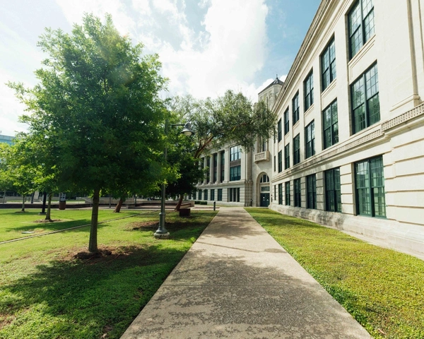 A view of the sidewalk that services the San Jacinto Building at the HCC Central Campus.