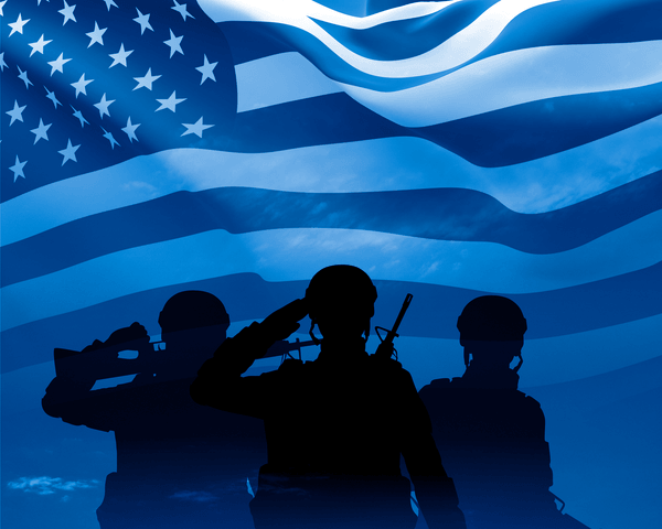 Silhouette of saluting soldiers in front of the USA flag