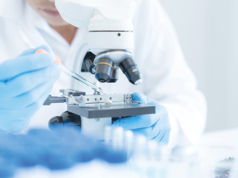 A biotechnologist works with a microscope.