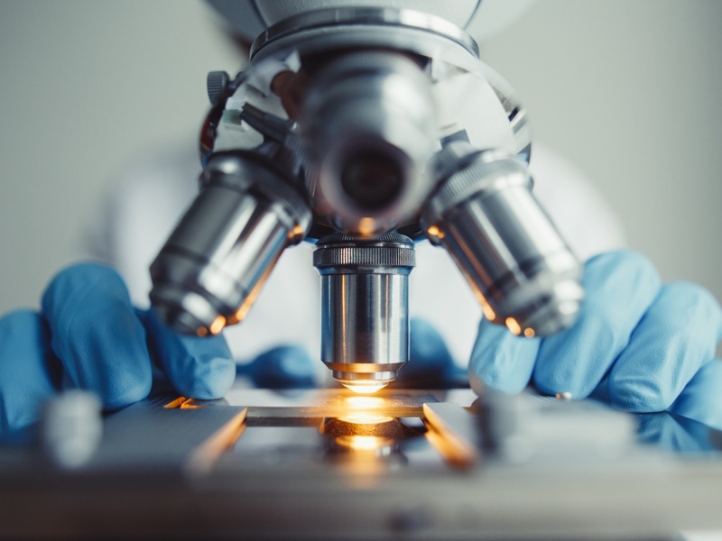 Close up of examining of test sample under the microscope in laboratory.